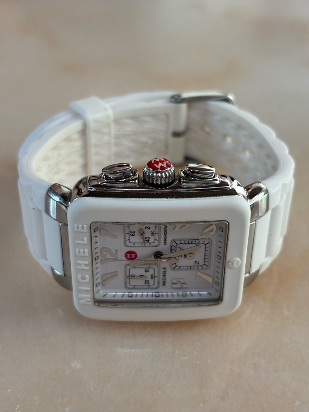 Michele White Ceramic Square Chronograph Watch with Silver Accents - Picture 5 of 6